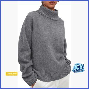 Chunky Knit Mock Turtleneck Pullover Sweater, Loose Fit, 50% Viscose Blend